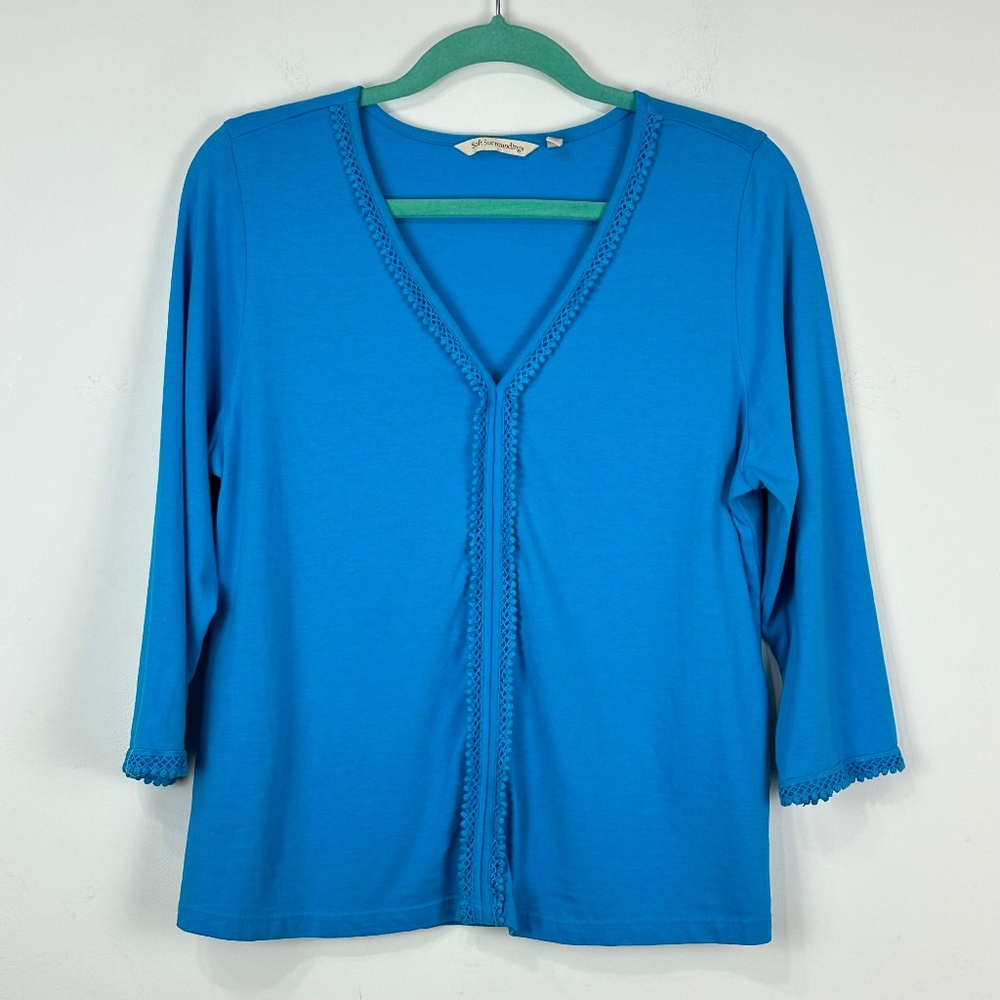 Soft Surroundings Women's Blue Embroidered V-Neck Blouse PL Boho Beach